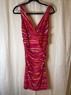 Lauren Ralph Lauren Fuchsia Multi-Striped V-Neck Midi Dress